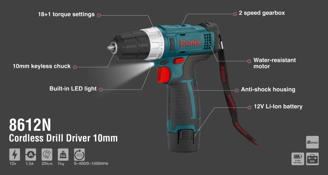 دریل شارژی لیتیوم 12 ولت تک باطری 8612N رونیکس