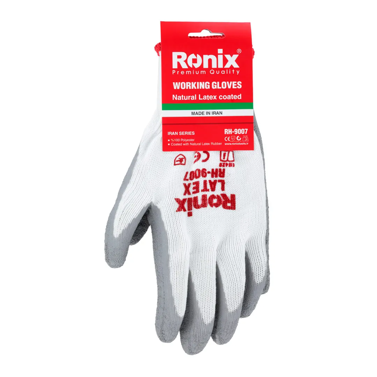 دستکش ایمنی لاتکس کف مواد طوسی ساده نخ سفید به همراه تگ سنگین