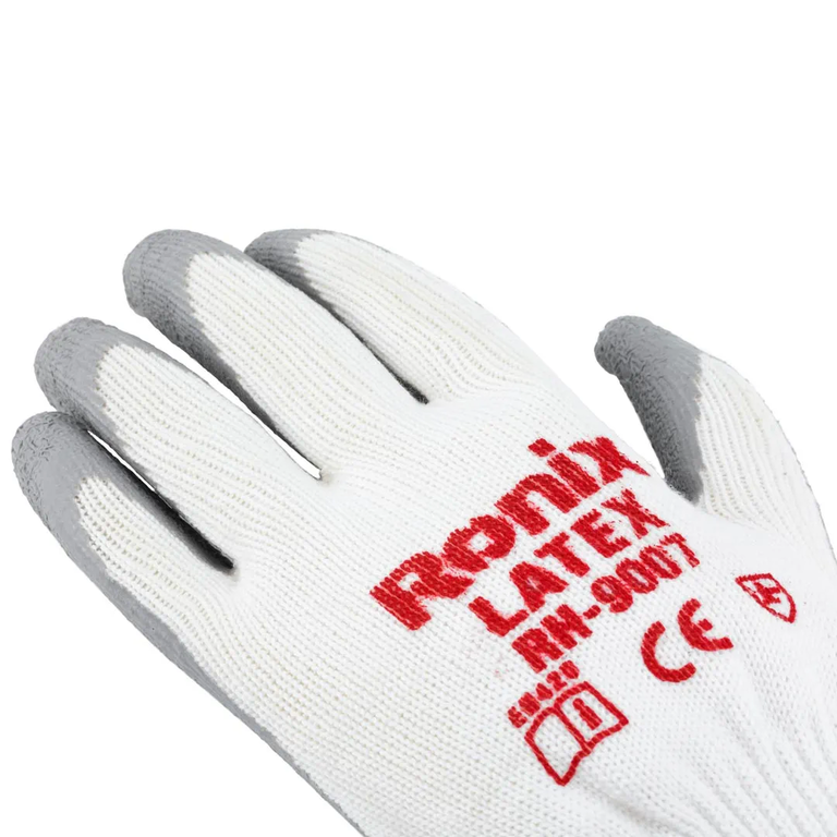 دستکش ایمنی لاتکس کف مواد طوسی ساده نخ سفید به همراه تگ سنگین