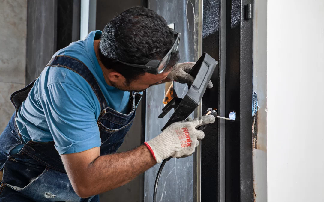 فردی در حال نصب چهارچوب درب ضد سرقت به روش خال جوش