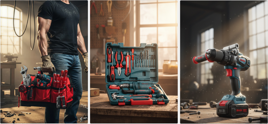 تنوع محصولات مختلف رونیکس: دریل، کیف ابزار، جعبه ابزار