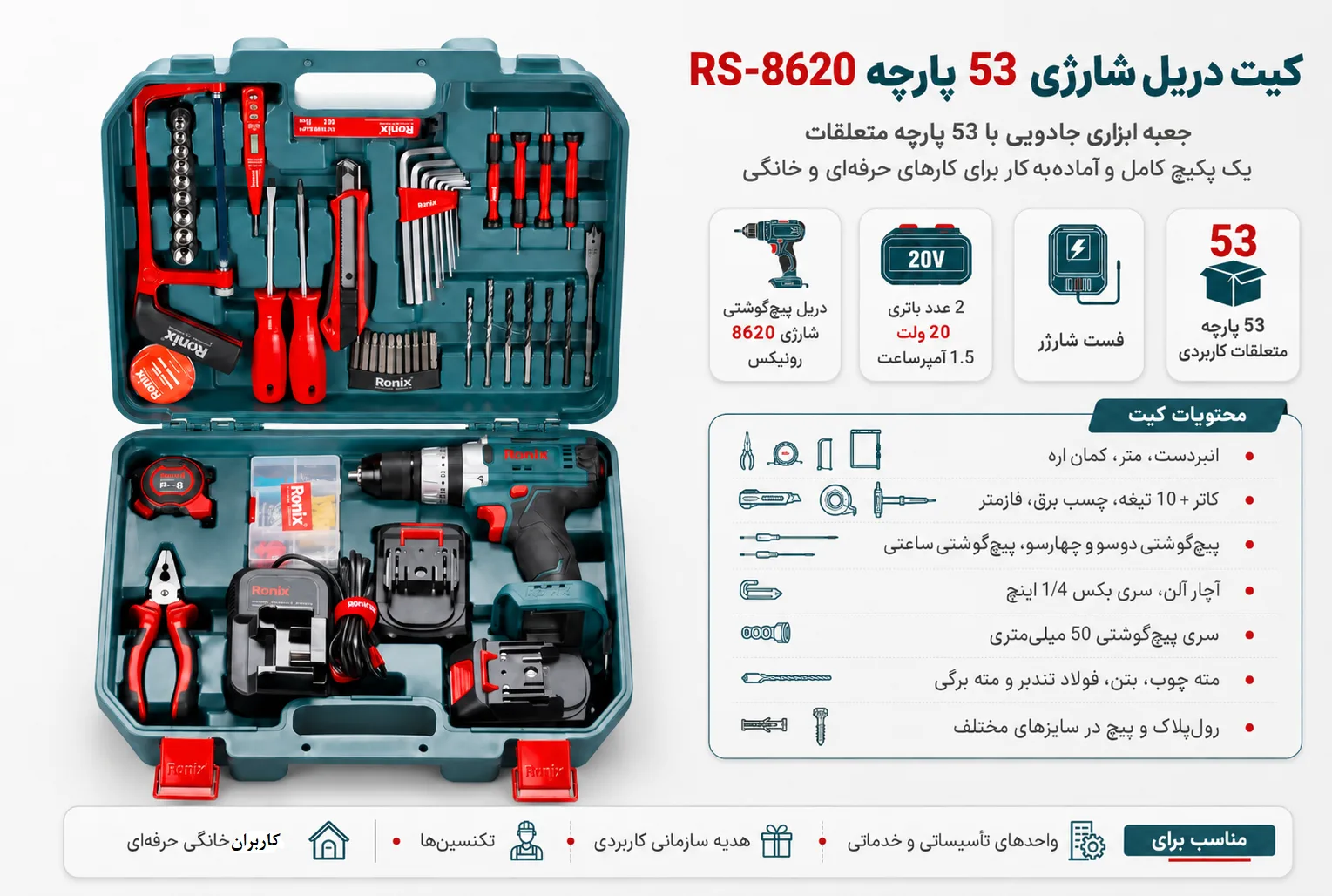 تصویر اینفوگرافی ست ترکیبی دریل شارژی و ابزار دستی رونیکس RS-8620