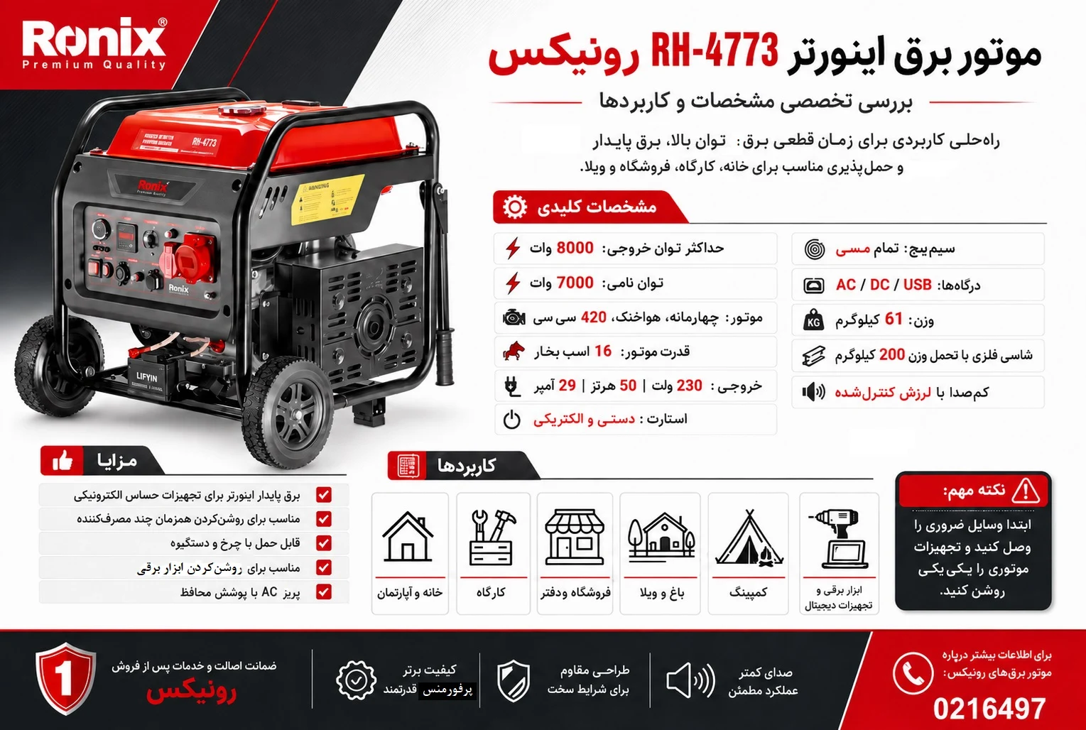 تصویر اینفوگرافی مشخصات و کاربردهای ژنراتور اینورتر رونیکس RH-4773