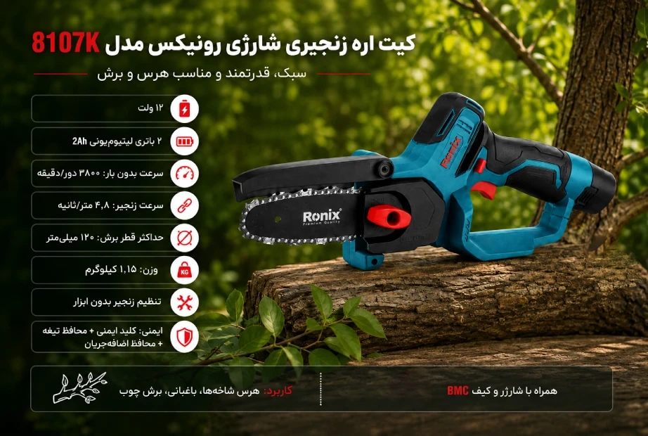 اینفوگرافی کیت اره زنجیری شارژی رونیکس مدل 8107K